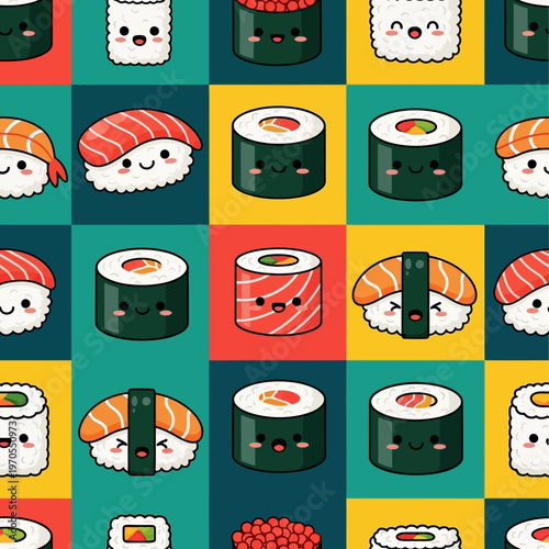 Cute Kawaii Sushi Rolls and Nigiri Characters Seamless Pattern.