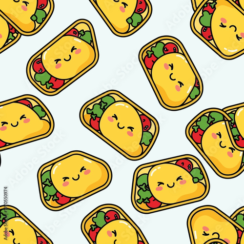 Cute Kawaii Tacos Seamless Pattern Illustration.