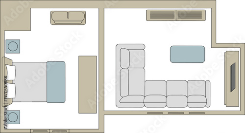 Flat vector apartment floor plan, bedroom, living room, sofa, bed, bathroom
