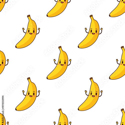 Seamless pattern of cute smiling cartoon bananas with arms raised.