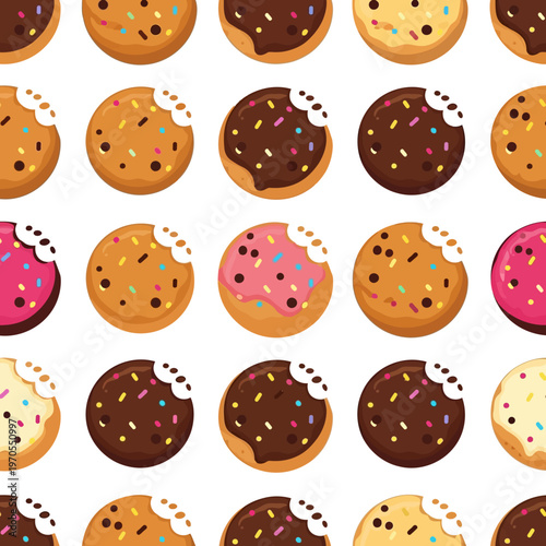 Seamless Pattern of Delicious Assorted Donuts.