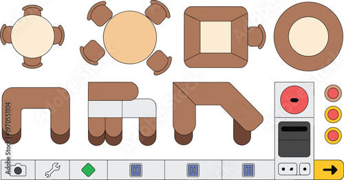 Flat vector furniture layout designs, tables, chairs, sectional seating, interface