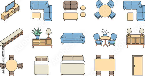 Flat vector furniture floor plan layouts, tables, chairs, sectional sofa, interface