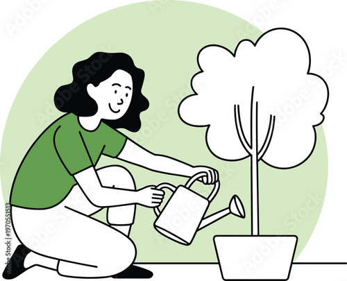Person watering potted tree flat vector illustration, eco gardening care design