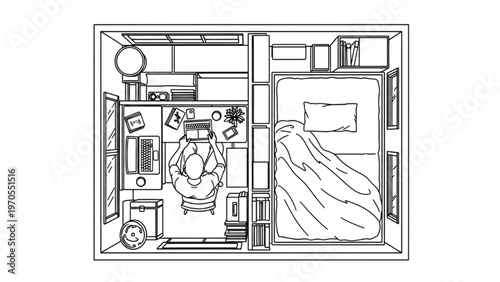 Top-down view of a minimalist bedroom with a study area and bed