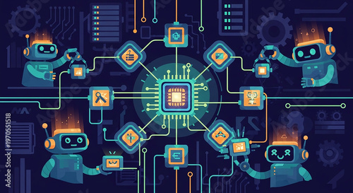 Robots connect to a central glowing microchip with circuits and wires in a technological network environment.