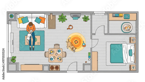 Cozy apartment layout with a cat and a dog enjoying their comfortable home environment