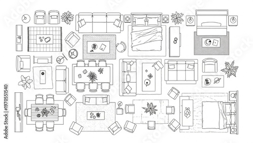 Top-down view of different furnished rooms and their layouts