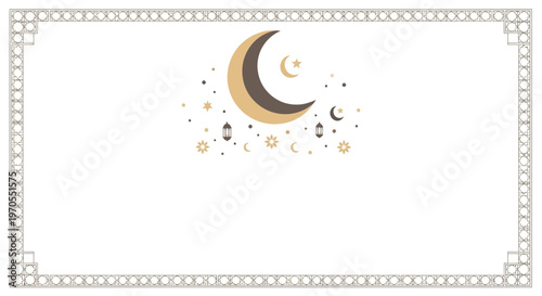 Modern Eid Mubarak Greeting Card Background with Islamic Ornaments, Crescent Moon, Lanterns, and Geometric Frame on White Background