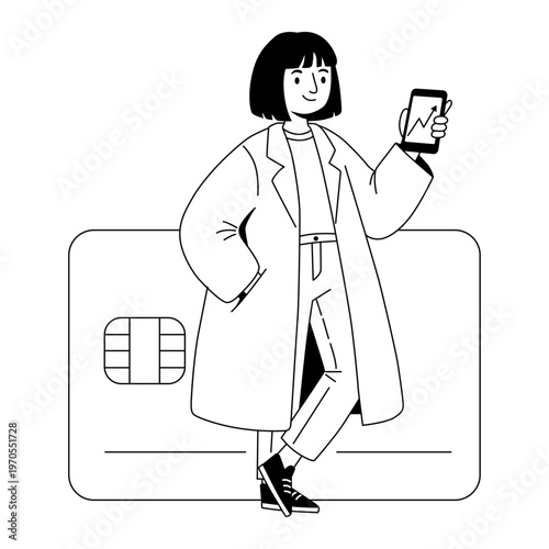 Young Woman With Smartphone Showing Financial Growth Leaning On Large Credit Card Illustration