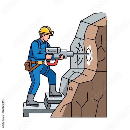 Hardworking professional in safety equipment operates a robust drilling machine, meticulously excavating a hole in a solid rock wall, depicting diligent industrial labor