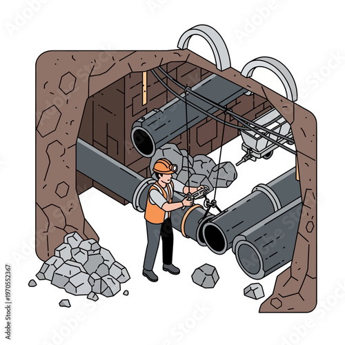 Skilled construction worker diligently installing large diameter pipes in an underground tunnel system