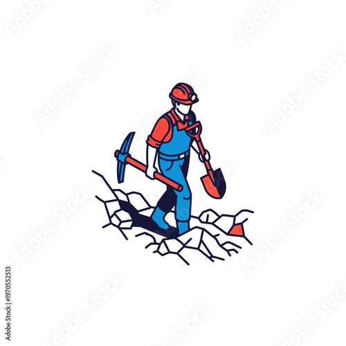 Illustration of a Diligent Miner with Pickaxe and Shovel Working in a Mine, Symbolizing Effort, Resource Extraction, and Groundbreaking Progress
