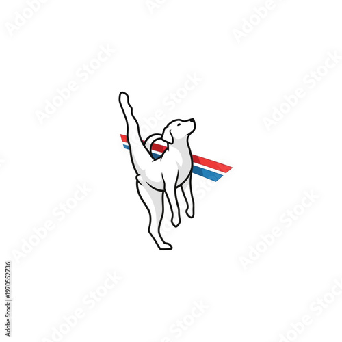 White dog performing a ballet pose with ribbons.