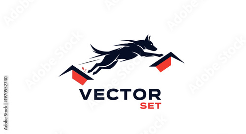 Dynamic Dog Jumping Over Rooftops Vector Illustration.