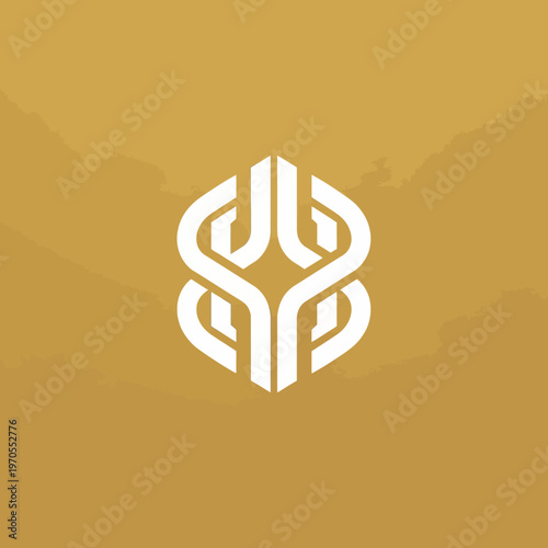 Elegant White Interlocking Geometric Symbol on Golden Background.