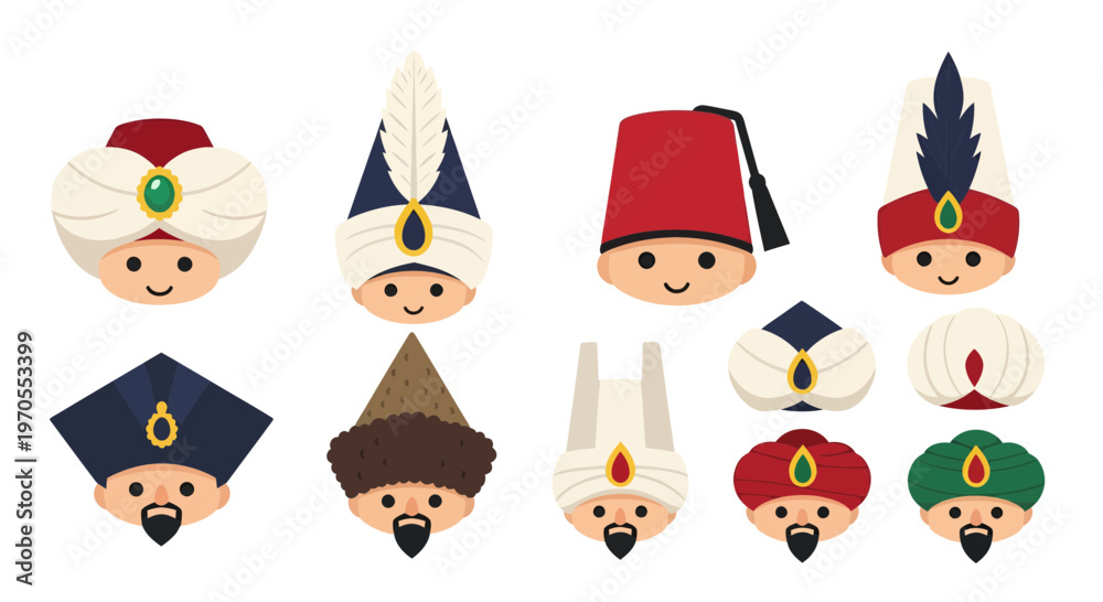 Fototapeta premium Cute Ottoman Sultans Headwear Vector Illustration Set. Traditional Turkish Turban and Fez Hat Collection in Flat Cartoon Style for Cultural Design Elements.