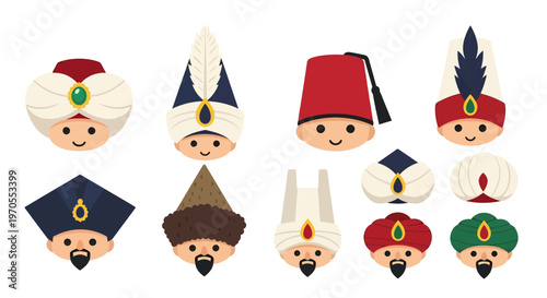 Cute Ottoman Sultans Headwear Vector Illustration Set. Traditional Turkish Turban and Fez Hat Collection in Flat Cartoon Style for Cultural Design Elements.