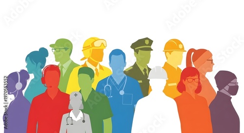 A group of people in different professions standing together in colorful silhouettes on white background