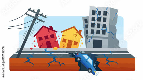 Illustrative scene of a devastating earthquake causing significant structural damage to urban buildings, a car falling into a cracked street, and a downed utility pole