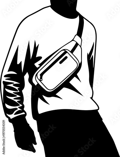 Black and white silhouette of person wearing crossbody bag, fanny pack vector illustration, modern accessory design