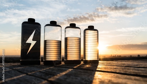 Hand holds wooden battery cutout, sun shines through lightning bolt at golden hour. Industrial backdrop with tower, plant, water. Warm tones symbolize renewable energy and power storage. 