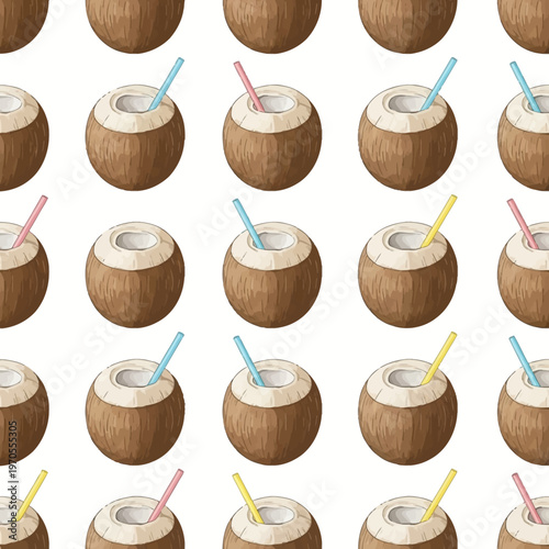 Refreshing Coconut Drinks with Colorful Straws Seamless Pattern.