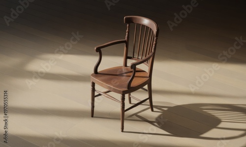 Wooden armchair casting a shadow on a light-wood floor, sunlit indoors