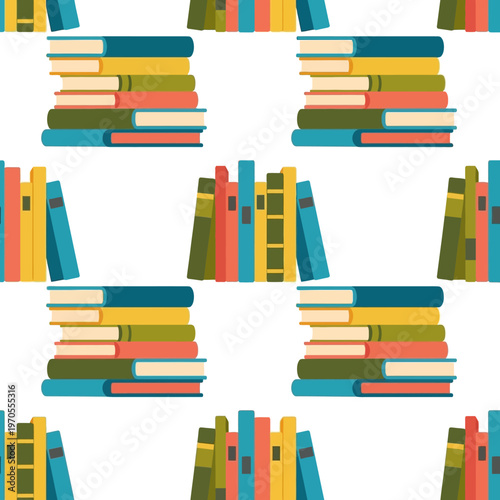 Seamless Pattern of Colorful Stacked Books and Standing Books.