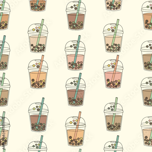 Seamless Pattern of Delicious Boba Tea Drinks.