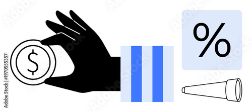 Finance, savings, investment strategies, goal setting, economic growth, vision for the future. Hand holding a coin, percent symbol and a telescope. Finance and savings concept