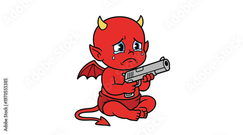 Crying Baby Devil Holding Handgun Isolated on White Illustration for Social Commentary Regret and Emotional Dark Humor Themes