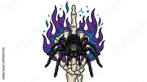 Skeleton Hand Showing Middle Finger Gesture with Black Spider and Blue Fire Illustration for Streetwear and Tattoo Design