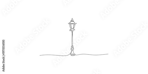 A continuous line drawing of an old-fashioned street lamp on a plain background lamppost vintage