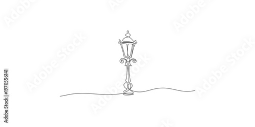 A black line art illustration of a vintage street lamp on the sidewalk lamppost and