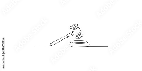 Continuous line drawing of a judges gavel striking a sound block in a courtroom judge