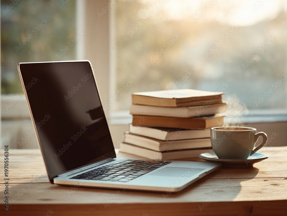 Fototapeta premium Online Learning Workspace with Laptop, Books and Coffee in Morning Sunlight