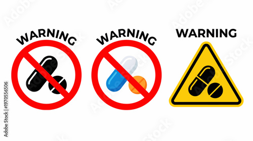 Graphic illustrations depicting warning symbols for pills, emphasizing drug misuse prevention and the importance of adhering to medical guidelines and health precautions