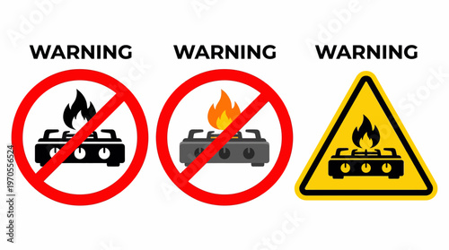 Warning signs for gas stoves do not use, fire hazard, safety precautions and warnings about using a stove with open flame