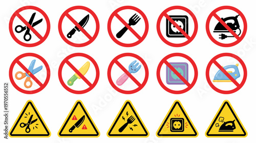 A comprehensive vector collection of universal warning and prohibition signs, clearly illustrating potential dangers from sharp objects, electrical appliances, and other household hazards