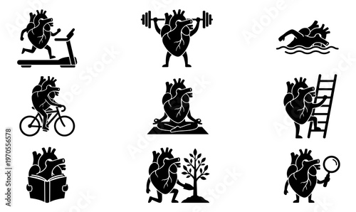 Funny anatomical real heart vector mascot black silhouette set exercising on treadmill, lifting, swimming, cycling, yoga, and reading for healthy habits