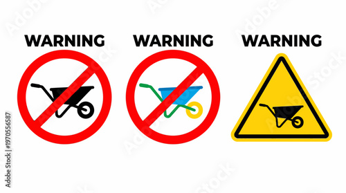 Essential safety warnings for equipment handling, depicting explicit prohibitions and potential dangers associated with wheelbarrow operation in various work settings