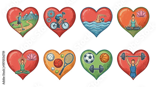 Real heart vector illustration set featuring various healthy lifestyle activities like fitness, yoga, running, swimming, cycling, and sports for cardiovascular wellness