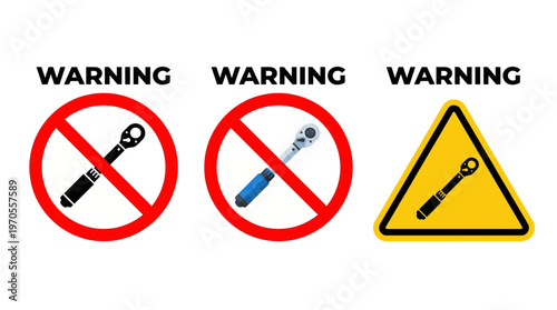 A set of three distinct graphic warning signs illustrating the prohibited or cautious use of a ratchet wrench, emphasizing safety and restrictions in various operational contexts Free Download A set of three distinct graphic warning signs illustrating the prohibited or cautious use of a ratchet wrench, emphasizing safety and restrictions in various operational contexts - GFXLoad