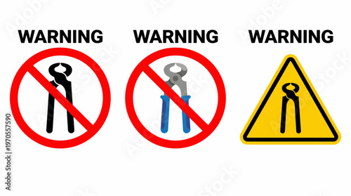 Visual warnings and prohibition signs for hand tools, specifically wire cutters or pliers, emphasizing safety and restricted access in various contexts