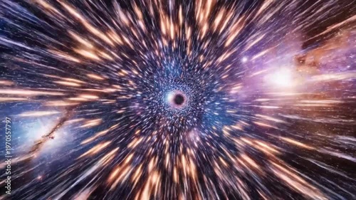 Hyperspace tunnel with streaking stars and black hole