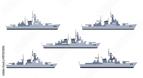 Minimalist Military Warship and Naval Destroyer Flat Vector Illustration Set Isolated on White Background.