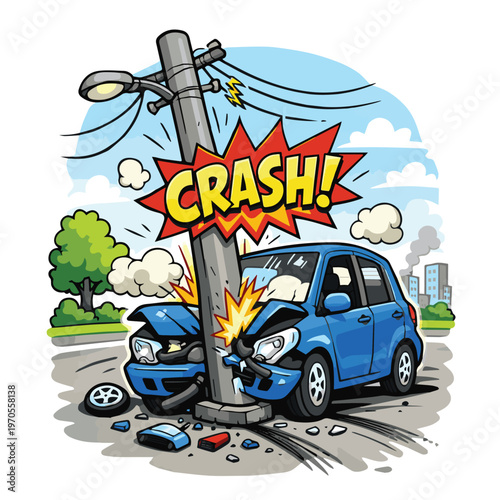 A vector illustration of a car crashing into a power pole on the road, highlighting driving safety awareness and the importance of being careful while on the road.
