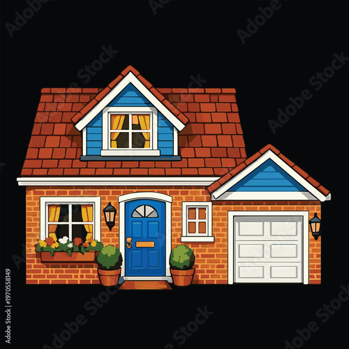A vector illustration of a 90s western style house with a side garage, featuring classic design elements, simple lines, and a nostalgic suburban atmosphere.