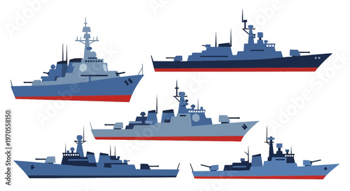 Modern Military Warship Illustration Set Collection, Naval Destroyer and Frigate Ships, Isolated Vector on White Background.